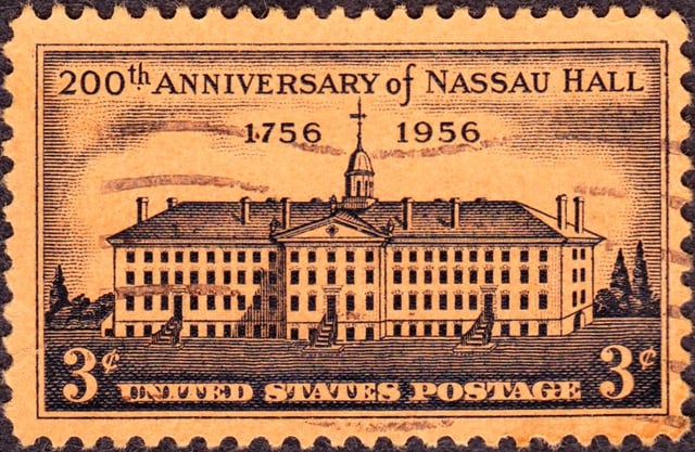 A commemorative 3-cent stamp from 1956 celebrating the bicentennial of Nassau Hall