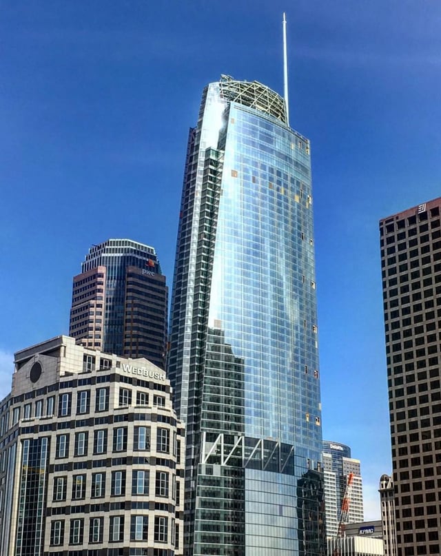 The Wilshire Grand Center in Downtown LA is the tallest building in the U.S. west of the Mississippi River at (1,099 feet or 335 meters). It is also the tallest building in the state of California.