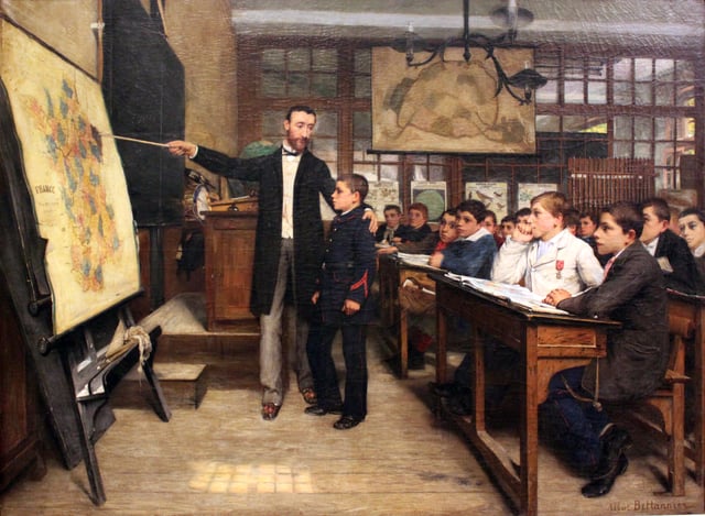A painting by Alphonse-Marie-Adolphe de Neuville from 1887 depicting French students being taught about the lost provinces of Alsace-Lorraine, taken by Germany in 1871.