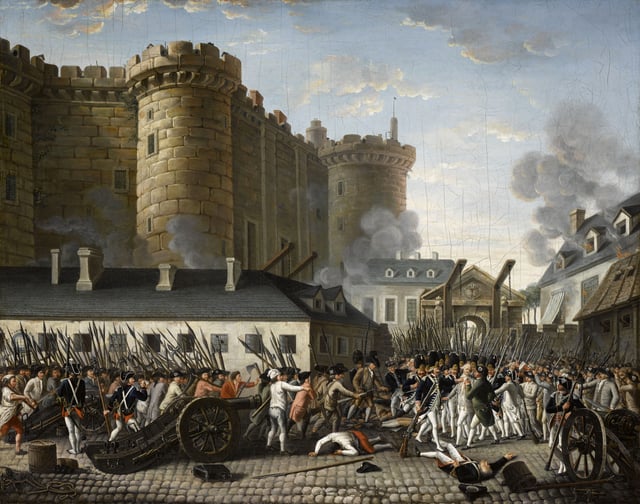 Rebel Gardes Françaises (in blue uniforms at left and centre-right) took part in the storming of the Bastille and the arrest of its governor, the Marquis de Launay, shown above.