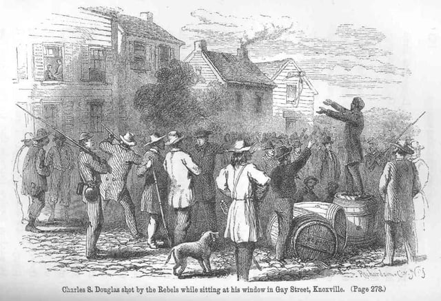 Engraving of a Confederate soldier firing at Union supporter Charles Douglas on Gay Street in Knoxville in late 1861