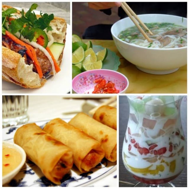 Some of the notable Vietnamese cuisine, clockwise from top-right: phở noodle, chè thái fruit dessert, chả giò spring roll and bánh mì sandwich.