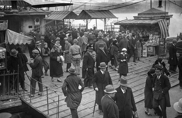 People at the commuter ferry quay of Karaköy in Istanbul in the 1930s