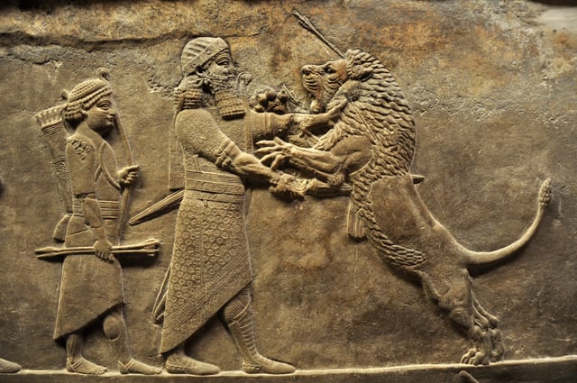 Relief showing a lion hunt, from the north palace of Nineveh, 645–635 BC.