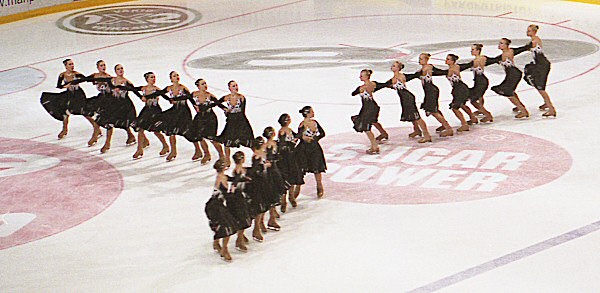 Synchronized skating team performing a 3-spoke "wheel" element