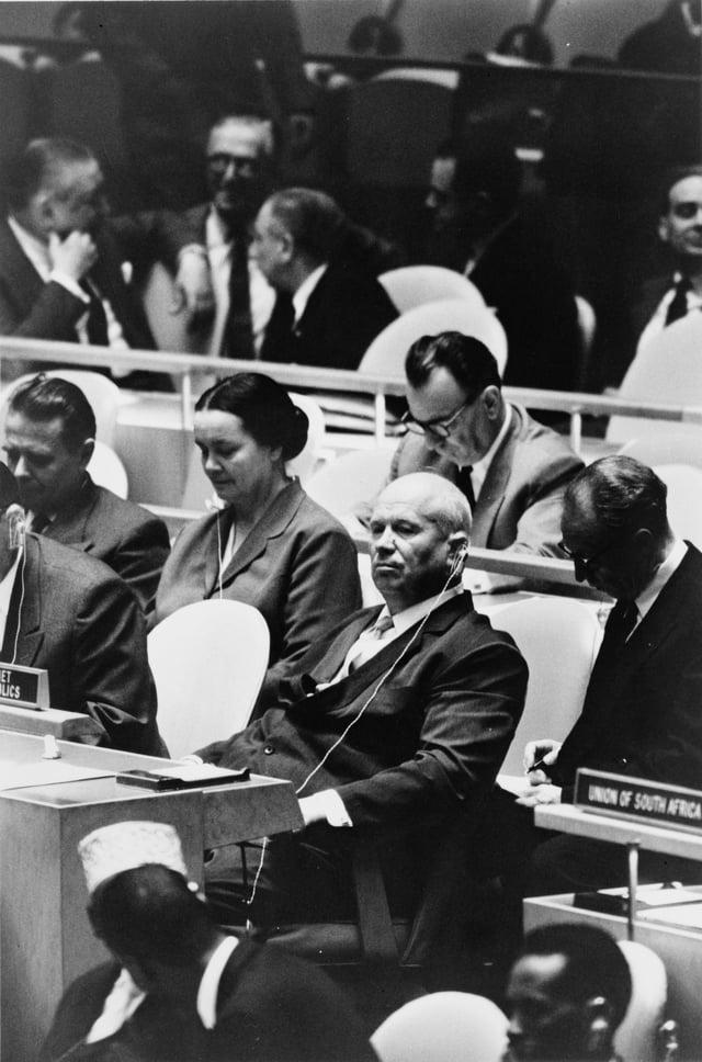 Khrushchev and head of USSR delegation Zoya Mironova at the United Nations, September 1960