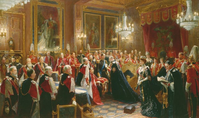 Edward VII invests Haakon VII of Norway with the insignia of the Order of the Garter in the Throne Room of Windsor Castle, November 1906. Painting by Sydney Prior Hall.