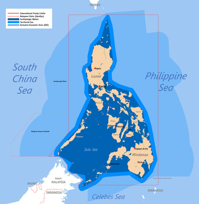 The exclusive economic zone of the Philippines shown in the lighter blue shade, with Archepelagic Waters in the darkest blue
