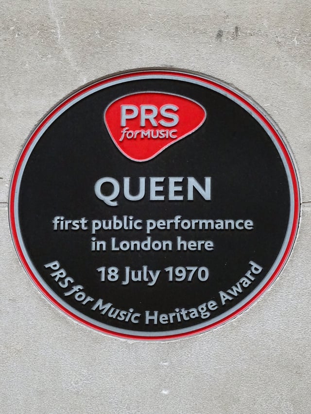 PRS for Music heritage award commemorating Queen's first performance, Prince Consort Road, London