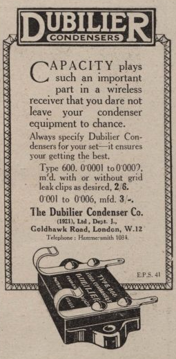 Advert from the 28 December 1923 edition of The Radio Times for Dubilier condensers, for use in wireless receiving sets