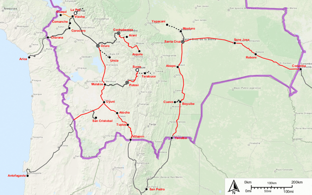 Railways in Bolivia (interactive map) ━━━ Routes with passenger traffic ━━━ Routes in usable state ·········· Unusable or dismantled routes