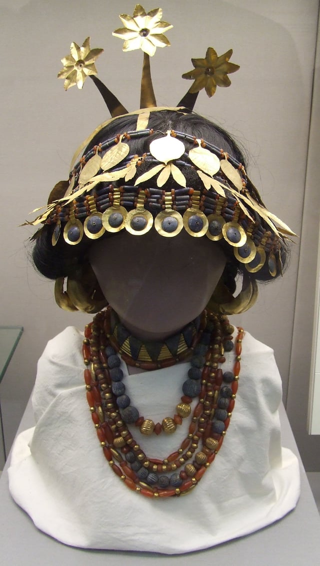 A reconstruction in the British Museum of headgear and necklaces worn by the women in some Sumerian graves