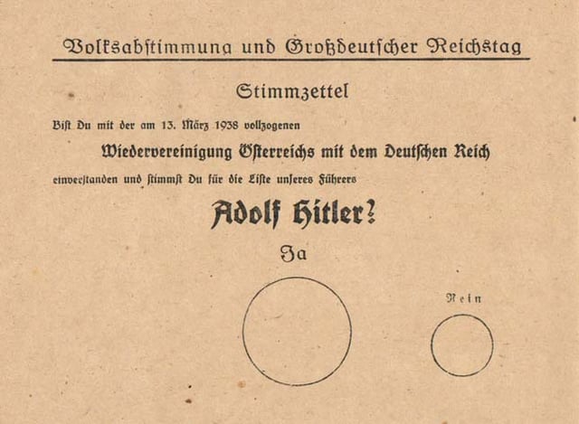 A ballot from the 1938 elections in Nazi Germany asking voters to approve the new Reichstag and the Anschluss. The size of the "no" box was made significantly smaller than the "yes" box.