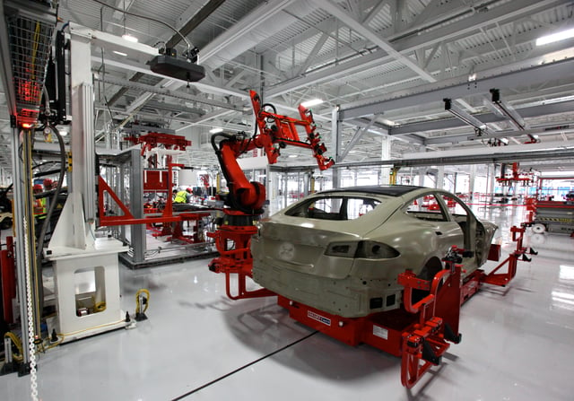 Robotic manufacturing of the Model S at the Tesla Factory in Fremont, California