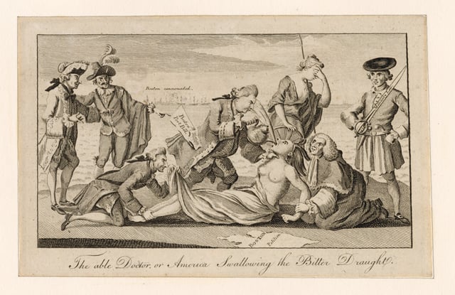 A 1774 etching from The London Magazine, copied by Paul Revere of Boston. Prime Minister Lord North, author of the Boston Port Act, forces the Intolerable Acts down the throat of America, whose arms are restrained by Lord Chief Justice Mansfield, while Lord Sandwich pins down her feet and peers up her robes. Behind them, Mother Britannia weeps helplessly, while France and Spain look on.