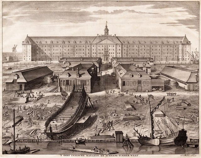 The shipyard of the United East India Company (VOC) in Amsterdam (1726 engraving by Joseph Mulder). The shipbuilding district of Zaan, near Amsterdam, became one of the world's earliest known industrialized areas, with around 900 wind-powered sawmills at the end of the 17th century. By the early seventeenth century Dutch shipyards were producing a large number of ships to a standard design, allowing extensive division of labour, a specialization which further reduced unit costs.