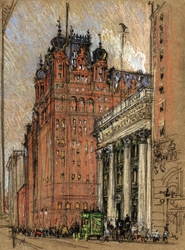 The Waldorf-Astoria at the original location, Fifth Avenue and Thirty-Fourth Street.  Charcoal and pastel on brown paper by Joseph Pennell, c. 1904–1908.