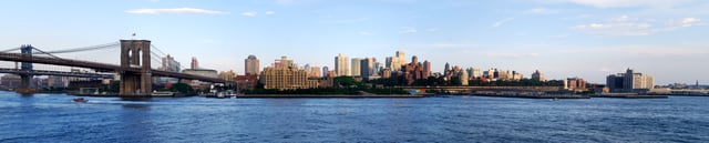 The Downtown Brooklyn skyline at the western end of Long Island. The Manhattan Bridge (far left) and the Brooklyn Bridge (near left) are seen across the East River from Lower Manhattan at sunset in 2013.