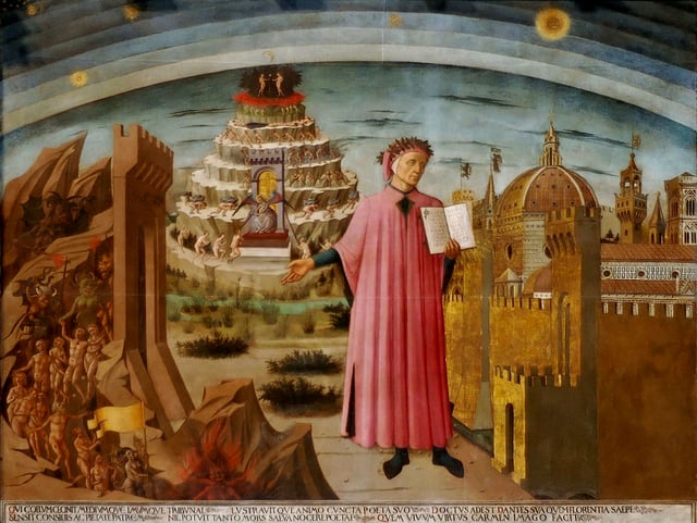 Dante shown holding a copy of the Divine Comedy, next to the entrance to Hell, the mount of Purgatory and the city of Florence, with the spheres of Heaven above, in Michelino's fresco, 1465.