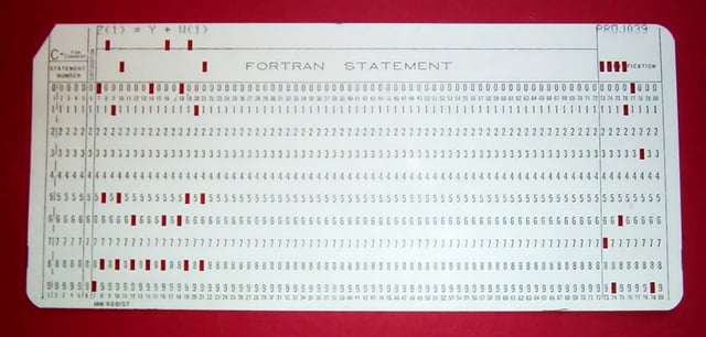A 1970s punched card containing one line from a Fortran program. The card reads: "Z(1) = Y + W(1)" and is labeled "PROJ039" for identification purposes.