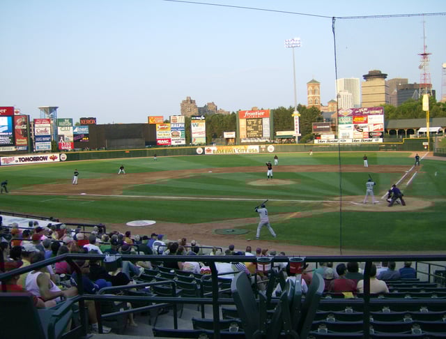 Frontier Field, including the Rochester skyline.