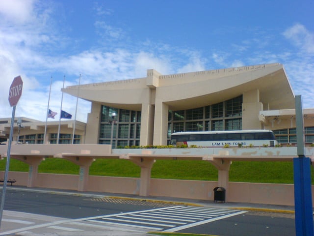 Terminal at Antonio B. Won Pat International Airport. The airport hosts a hub of United Airlines, Guam's largest private-sector employer.