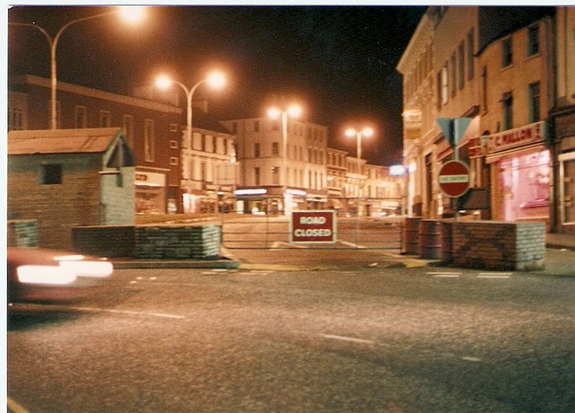 Security barriers blocking entrance to Portadown town centre in 1982