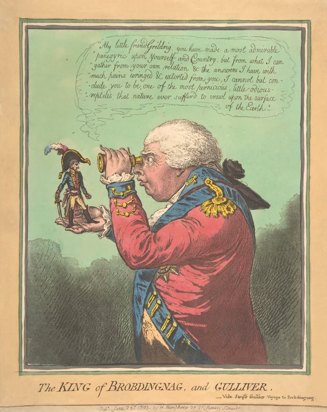 Caricature by James Gillray of George holding Napoleon in the palm of his hand, 1803