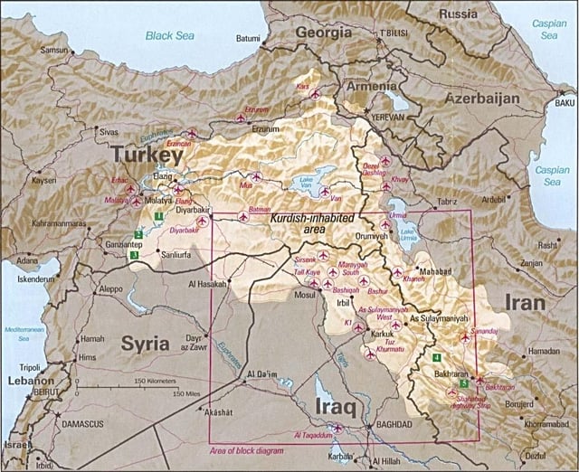 Kurdish-inhabited areas in the Middle East (1992)