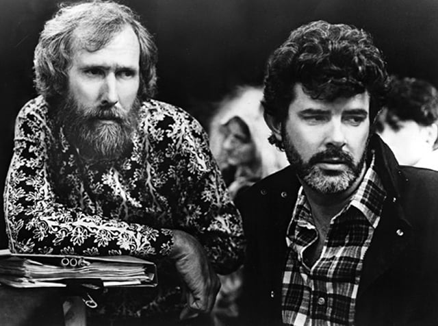 Director Jim Henson (left) and Lucas working on Labyrinth in 1986