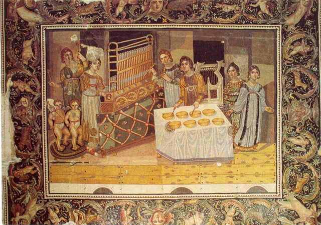 Late 4th century AD "Mosaic of the Musicians" with organ, aulos, and lyre from a Byzantine villa in Maryamin, Syria
