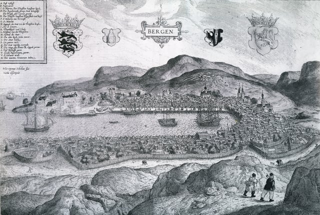Hieronymus Scholeus's impression of Bergen. The drawing was made in about 1580 and was published in an atlas with drawings of many different cities (Civitaes orbis terrarum).