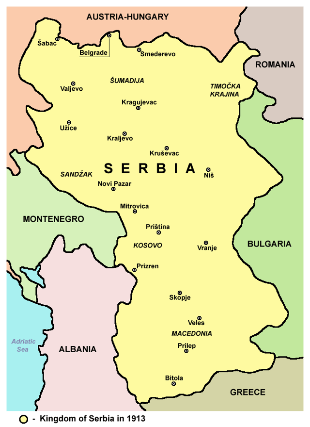Division of Kosovo vilayet between the Kingdom of Serbia (yellow) and the Kingdom of Montenegro (green) following the Balkan Wars 1913. See also Albania during the Balkan Wars.