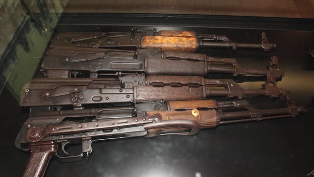 AK-47 copies confiscated from Somali pirates by Finnish mine-layer Pohjanmaa during Operation Atalanta, photographed in Manege Military Museum. The stocks are missing on the top three AKs