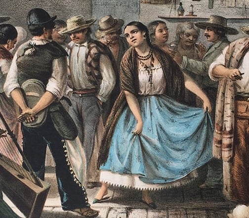 Detail of a lithograph showing fandango dancers; the women are wearing the China Poblana dress and the men are in chinaco (es:chinaco) attire