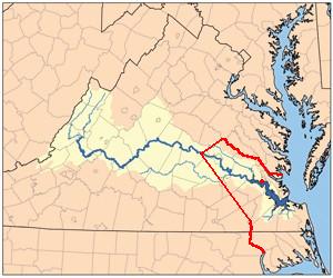 Red line shows boundary between the Virginia Colony and Tributary Indian tribes, as established by the Treaty of 1646. Red dot shows Jamestown, capital of Virginia Colony.