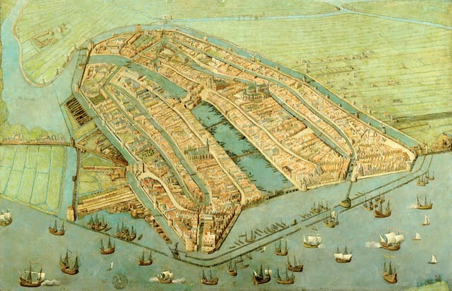 A 1538 painting by Cornelis Anthonisz showing a bird's-eye view of Amsterdam; the famous Grachtengordel had not yet been established.