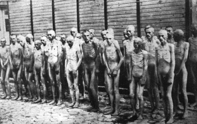 Naked Soviet prisoners of war in Mauthausen concentration camp.