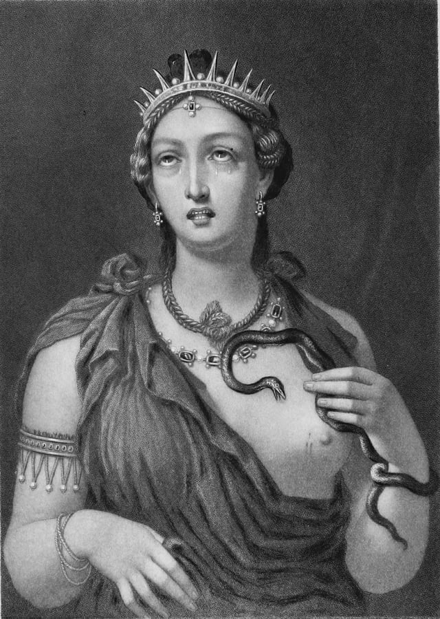A steel engraving depicting Augustus' now lost painting of the death of Cleopatra VII in encaustic, which was discovered at Emperor Hadrian's Villa (near Tivoli, Italy) in 1818; she is seen here wearing the golden radiant crown of the Ptolemaic rulers, an Isis knot (corresponding to Plutarch's description of her wearing the robes of Isis), and being bitten by an asp in an act of suicide.