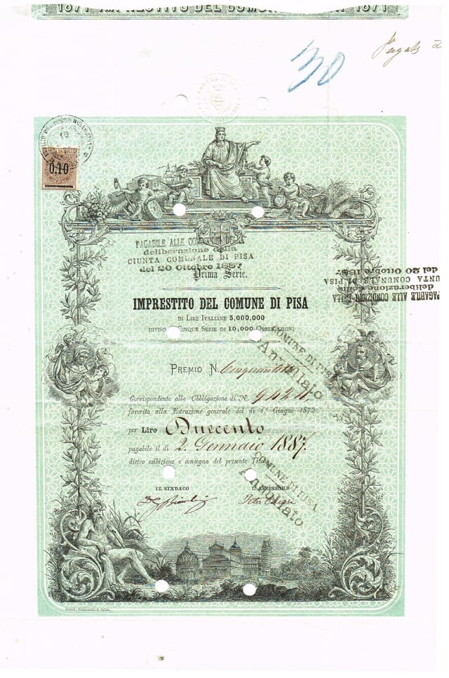Bonus certificate of Pisa, issued 19 July 1875