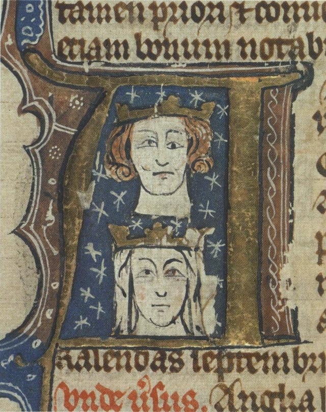 Early fourteenth-century manuscript initial showing Edward and his wife Eleanor. The artist has perhaps tried to depict Edward's blepharoptosis, a trait he inherited from his father.