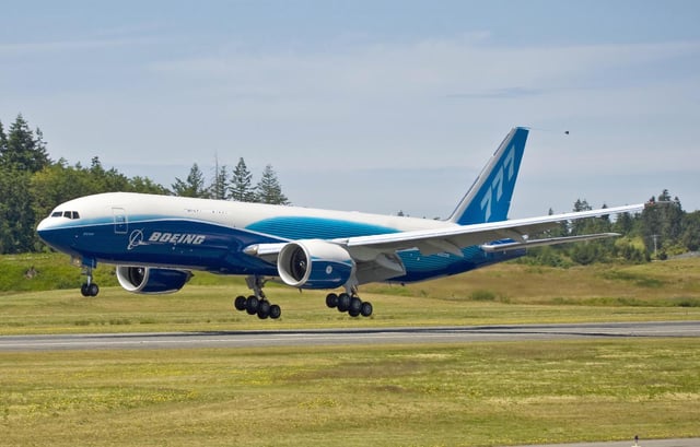 The first 777F in Boeing livery during a test flight.