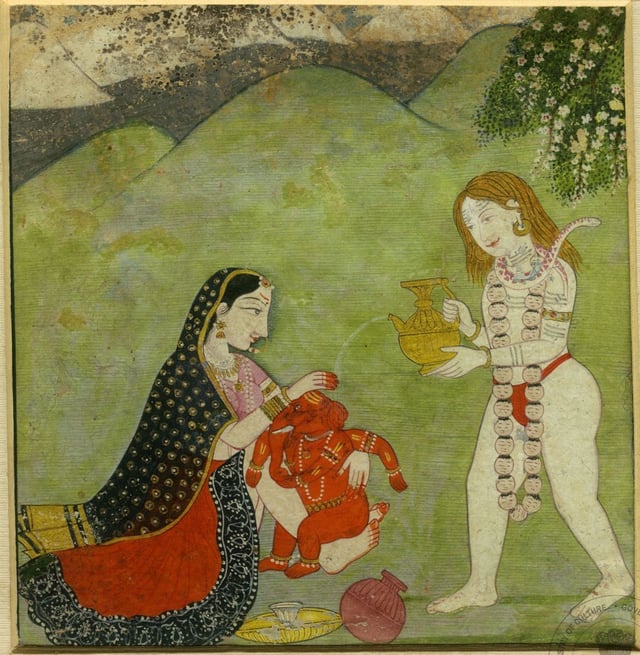 Shiva and Parvati giving a bath to Ganesha. Kangra miniature, 18th century. Allahabad Museum, New Delhi.