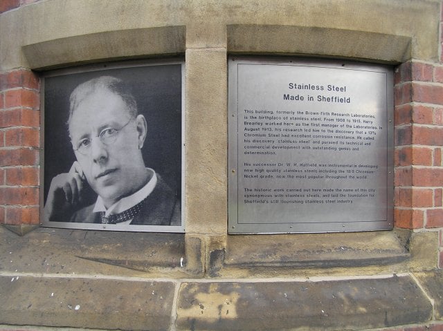 Monument to Harry Brearley and the birthplace of stainless steel at the former Brown Firth Research Laboratories