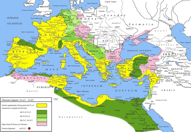 Extent of the Roman Empire under Augustus. The yellow legend represents the extent of the Republic in 31 BC, the shades of green represent gradually conquered territories under the reign of Augustus, and pink areas on the map represent client states; areas under Roman control shown here were subject to change even during Augustus' reign, especially in Germania.