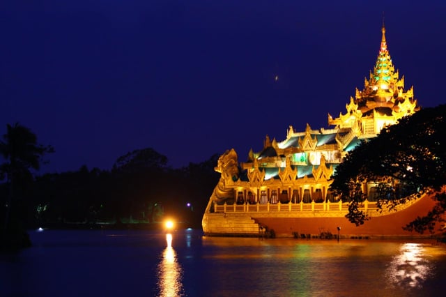 The Karaweik at night time, at Kandawgyi Lake, which is one of a few major recreational parks in Yangon.