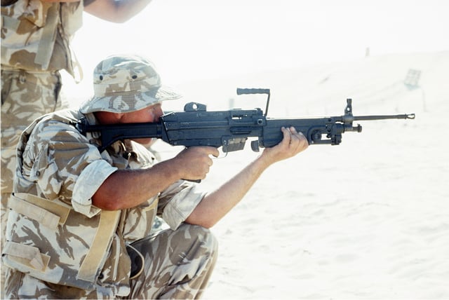 A soldier from the Queen's Dragoon Guards fires an FN Minimi