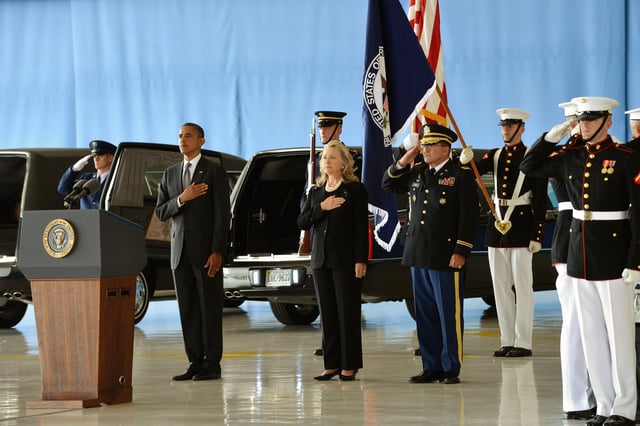 President Obama and Secretary Clinton honor the Benghazi attack victims at the Transfer of Remains Ceremony held at Andrews Air Force Base on September 14, 2012.