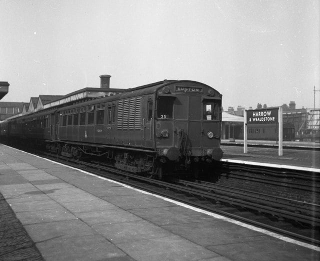 An electric multiple unit as used by the LMS in the London area, stands at Harrow and Wealdstone station after nationalisation.