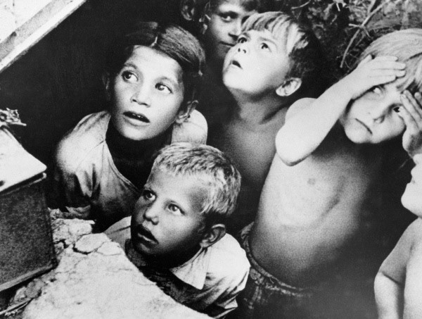 Soviet children during a German air raid in the first days of the war, June 1941, by RIA Novosti archive